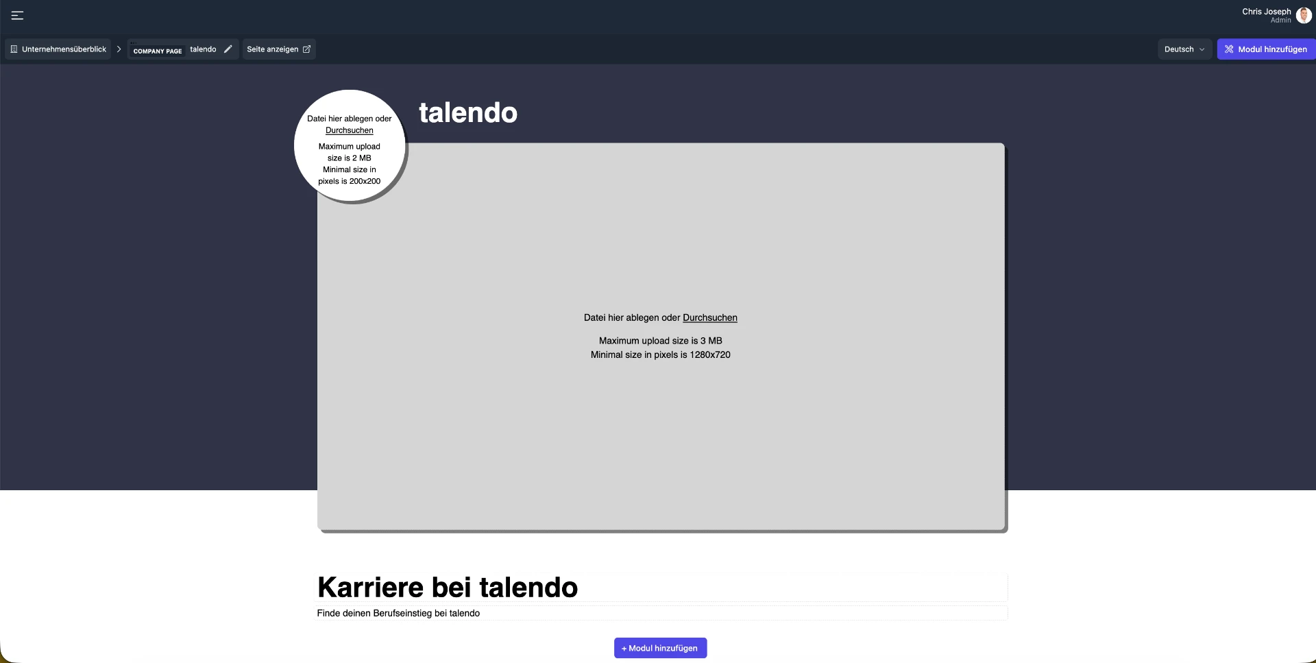 Leeres Profil im Bearbeitungsmodus – Logo, Headerbild, Titel und «Modul hinzufügen»